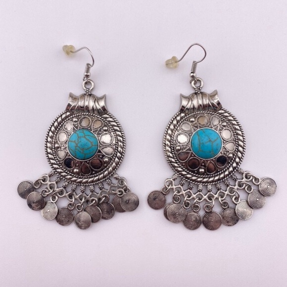 Boho Faux Turquoise Silver Tone Earrings - Picture 4 of 8